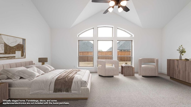 bedroom with carpet floors, high vaulted ceiling, and a ceiling fan