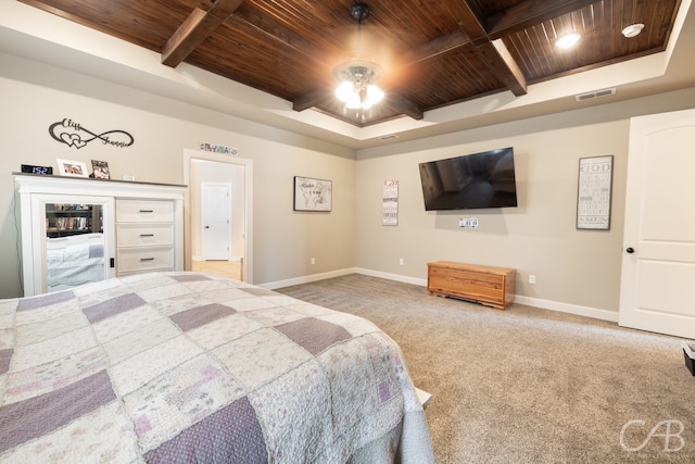 bedroom with light carpet and wooden ceiling