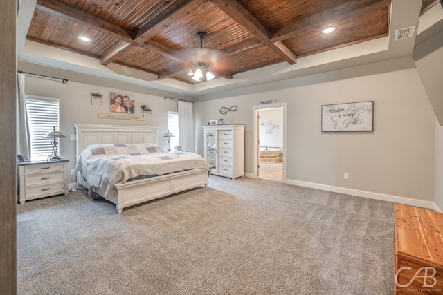 bedroom featuring ceiling fan, wooden ceiling, carpet floors, and ensuite bath