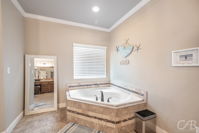 bathroom featuring vanity, crown molding, tiled bath, and tile patterned floors