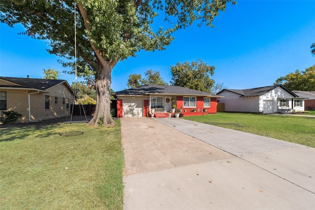 single story home featuring a front yard and a garage