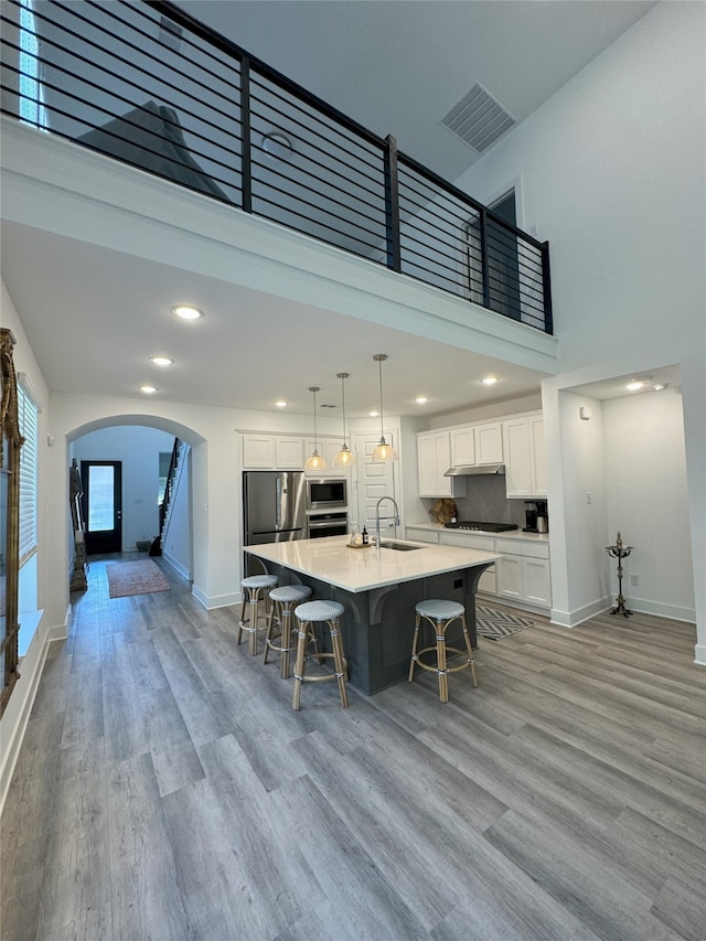 kitchen featuring white cabinetry, a large island with sink, stainless steel appliances, and light hardwood / wood-style flooring