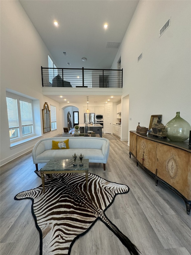 living room with a high ceiling and light hardwood / wood-style floors