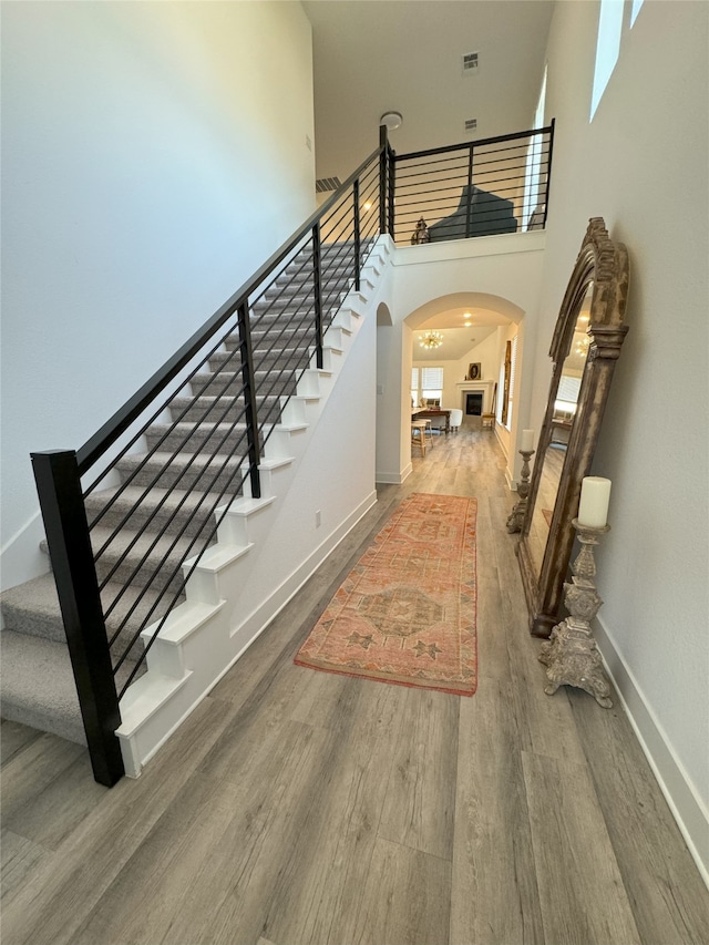 foyer with a high ceiling and hardwood / wood-style flooring