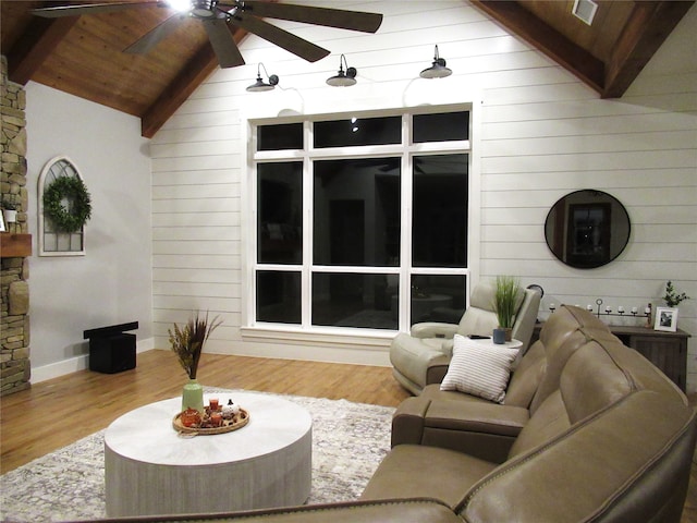 living room featuring ceiling fan, wooden ceiling, wood-type flooring, vaulted ceiling with beams, and wooden walls