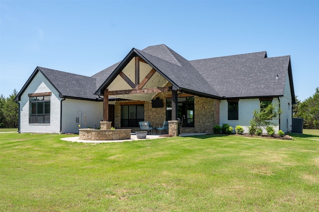 back of house with a patio, a lawn, central AC unit, and ceiling fan