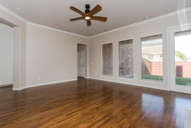 spare room featuring crown molding, ceiling fan, and dark hardwood / wood-style flooring