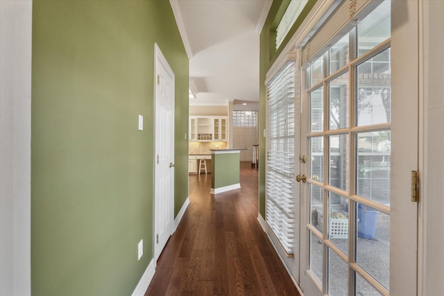 hall with dark hardwood / wood-style floors and crown molding