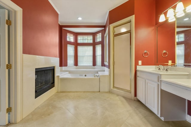 bathroom featuring vanity, plus walk in shower, and ornamental molding