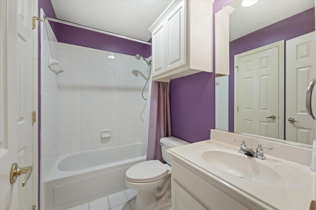 full bathroom with shower / bathtub combination with curtain, tile patterned floors, vanity, and toilet