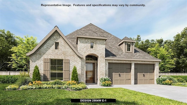 french country inspired facade featuring a front yard and a garage