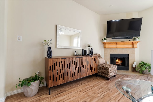 living room with ceiling fan, wood-type flooring, and a fireplace