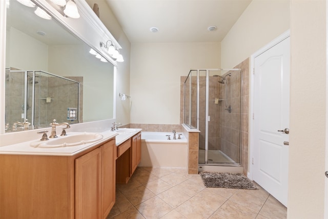 bathroom with vanity, tile patterned floors, and separate shower and tub