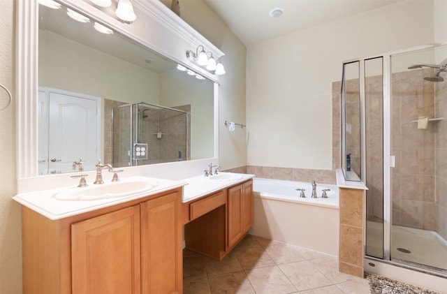 bathroom featuring vanity, separate shower and tub, and tile patterned flooring