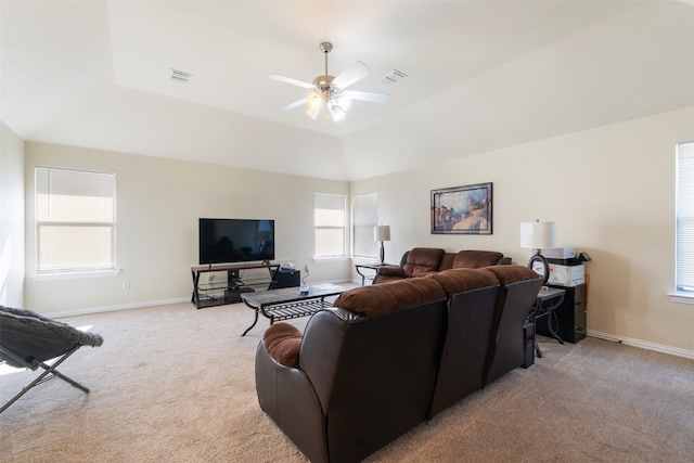 living room with light carpet and ceiling fan