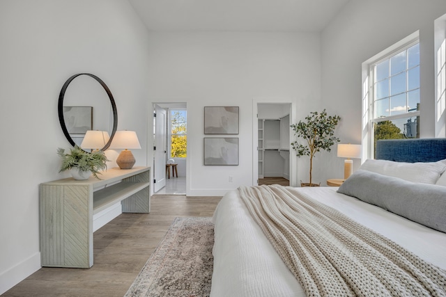 bedroom featuring light hardwood / wood-style flooring, a walk in closet, multiple windows, and a towering ceiling