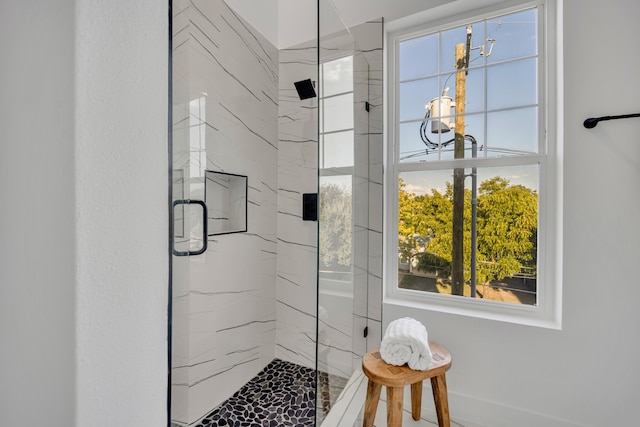 bathroom with a shower with shower door