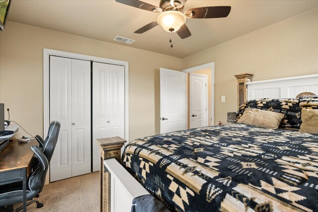 2720 N US-377, Stephenville, TX 76401 - bedroom featuring light carpet, visible vents, a closet, and a ceiling fan