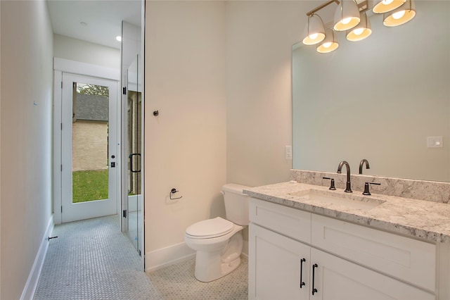 4208 Allencrest, Dallas, TX 75244 - bathroom with an enclosed shower, tile patterned flooring, vanity, baseboards, and toilet