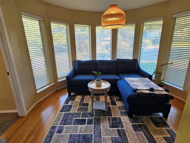 living room with dark wood-type flooring, a textured ceiling, and a wealth of natural light