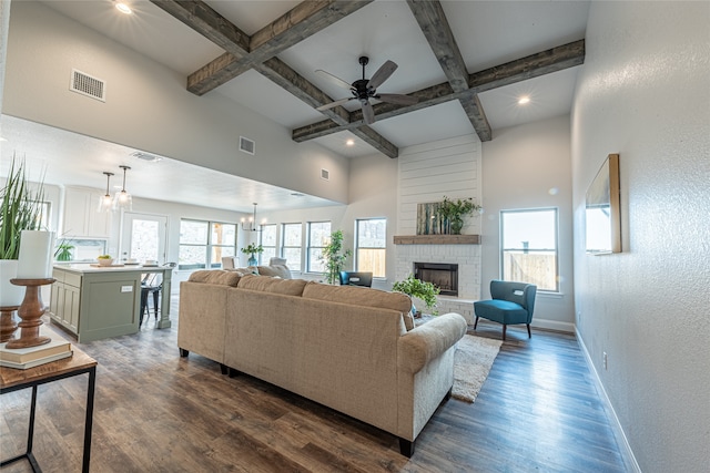 living room featuring dark hardwood / wood-style flooring, a fireplace, and a wealth of natural light