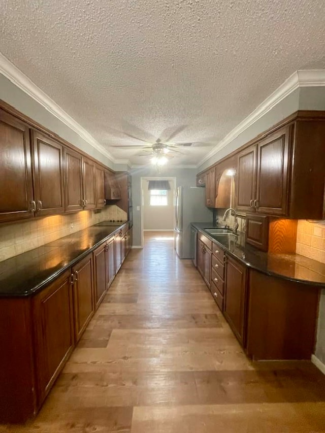 kitchen with ornamental molding, sink, tasteful backsplash, light hardwood / wood-style floors, and ceiling fan