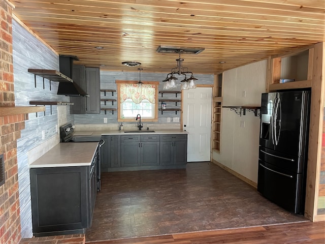 kitchen with wood ceiling, fridge with ice dispenser, gray cabinets, and pendant lighting