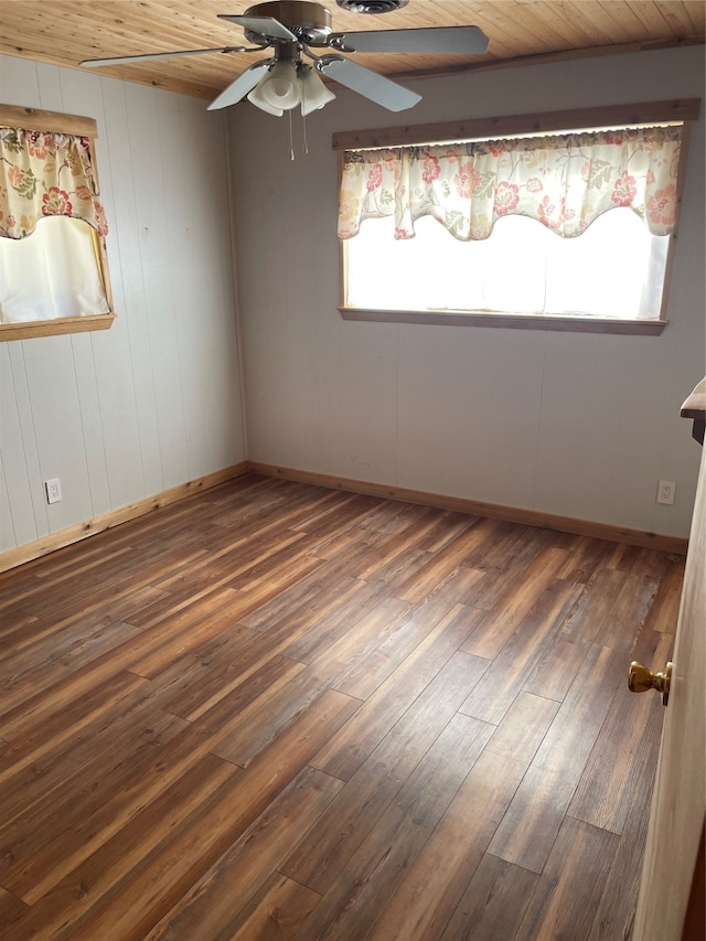 empty room with dark hardwood / wood-style floors, ceiling fan, wood ceiling, and wooden walls