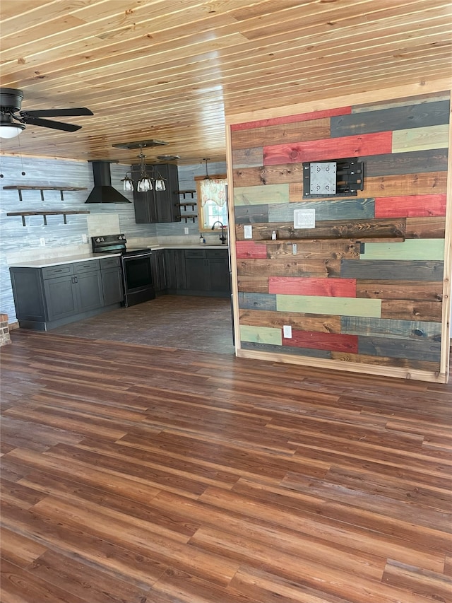 interior space featuring electric range oven, wood ceiling, ceiling fan, exhaust hood, and sink