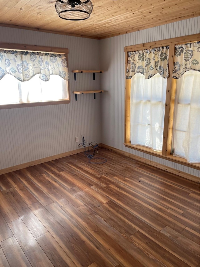 empty room featuring dark hardwood / wood-style flooring and wood ceiling