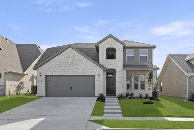 french provincial home with a front yard, a garage, and central air condition unit