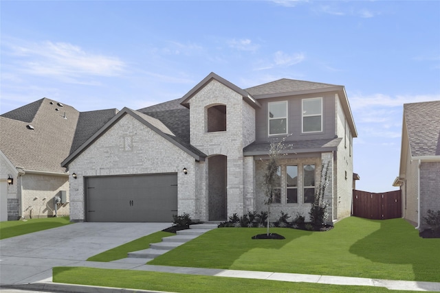 french country style house with a front lawn and a garage