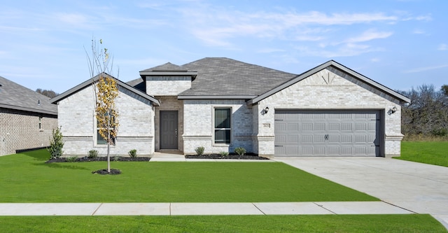 view of front of property with brick siding, an attached garage, driveway, and a front lawn