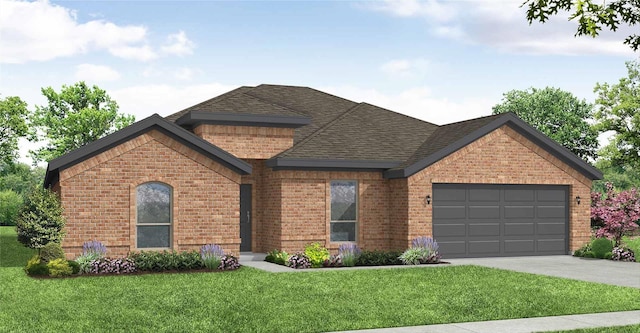 view of front of house featuring brick siding, concrete driveway, a front yard, roof with shingles, and an attached garage