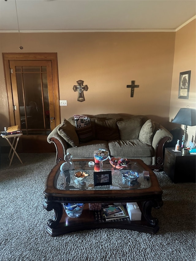 carpeted living room with crown molding