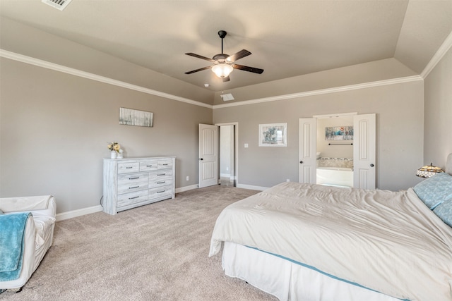 bedroom featuring light carpet, vaulted ceiling, and ceiling fan