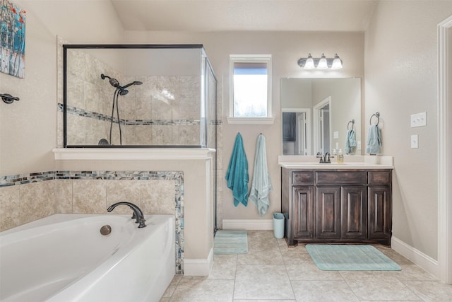 bathroom featuring vanity, separate shower and tub, and tile patterned flooring