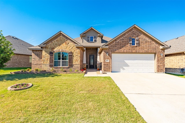 view of front of house with a front lawn and a garage