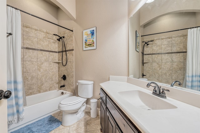 full bathroom with tile patterned floors, vanity, toilet, and shower / tub combo with curtain