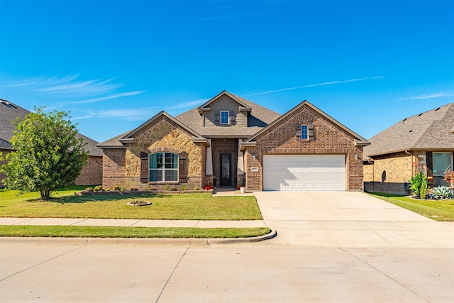 1772 Laramie Ln, Burleson, TX 76028 - view of front of property featuring an attached garage, a front lawn, brick siding, concrete driveway, and stone siding