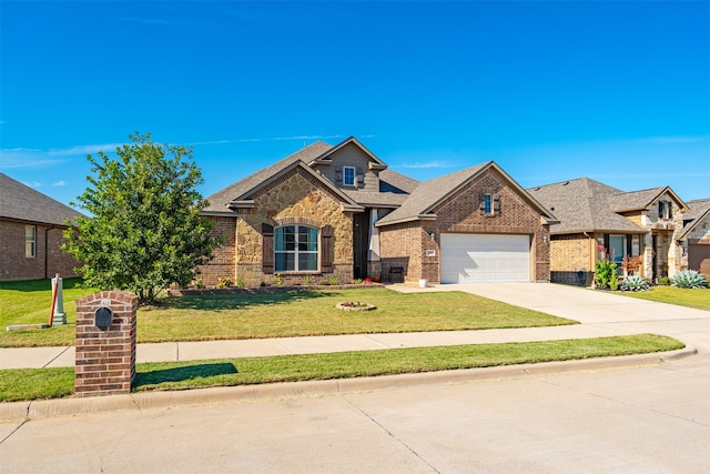 craftsman house with a garage and a front lawn