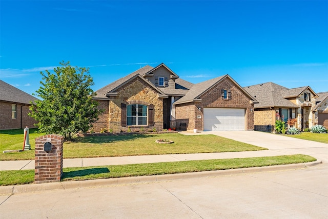 1772 Laramie Ln, Burleson, TX 76028 - view of front of property featuring brick siding, a front yard, concrete driveway, a garage, and stone siding