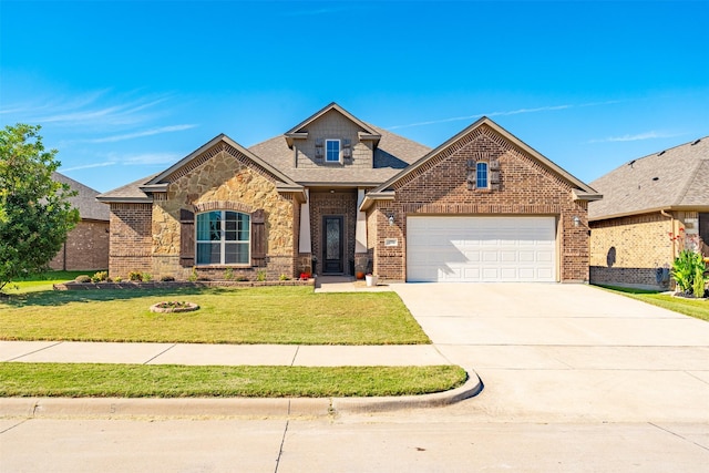 1772 Laramie Ln, Burleson, TX 76028 - view of front of house featuring brick siding, a front lawn, driveway, a garage, and stone siding