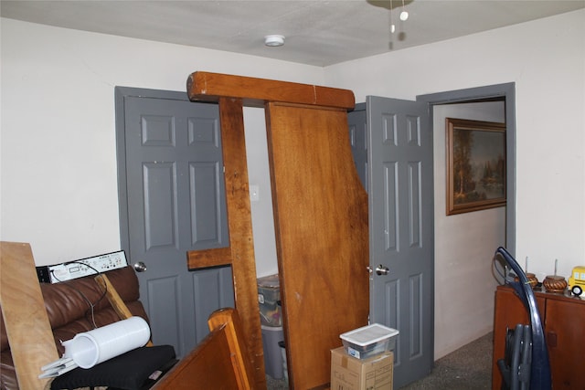 living area featuring dark carpet