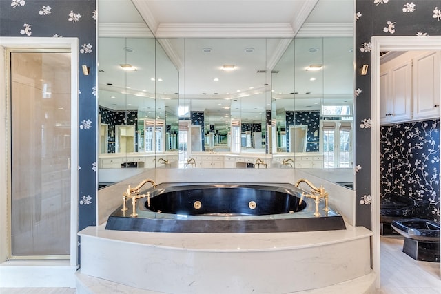 bathroom with crown molding and independent shower and bath