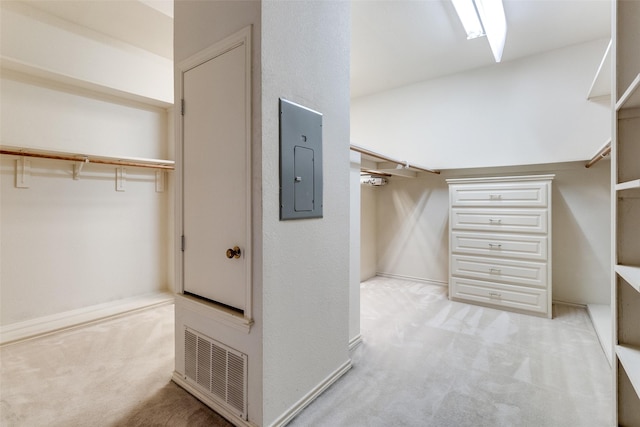 spacious closet featuring light colored carpet and electric panel