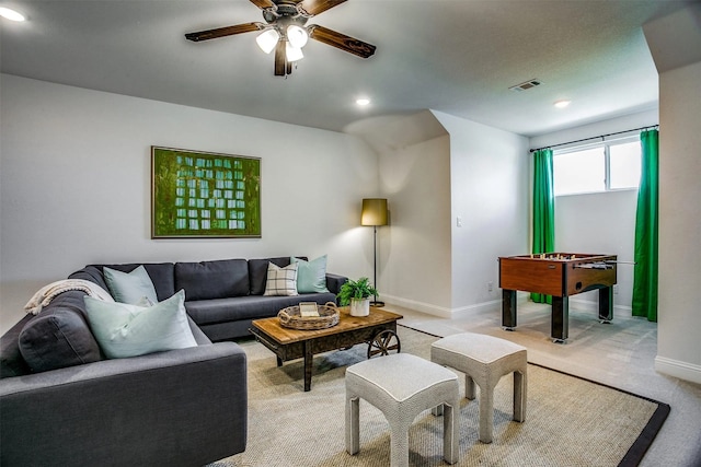 living room featuring recessed lighting, visible vents, light carpet, ceiling fan, and baseboards