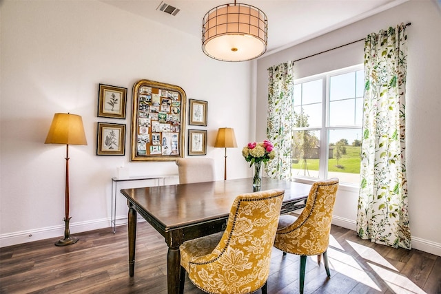 dining space with dark wood-style floors, baseboards, and visible vents