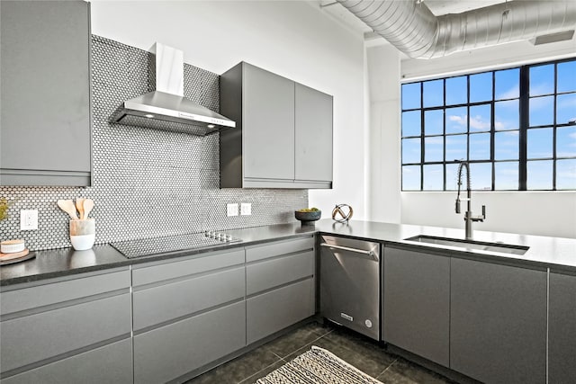 kitchen featuring black cooktop, gray cabinetry, wall chimney exhaust hood, sink, and dishwasher