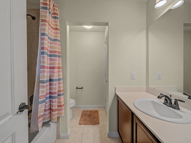 full bathroom featuring vanity, shower / bath combo, toilet, and tile patterned flooring